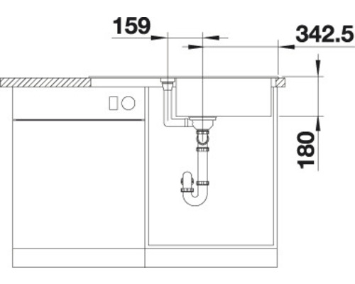 Technische tekening van een gootsteen met de afmetingen 159, 342,5 en 180.