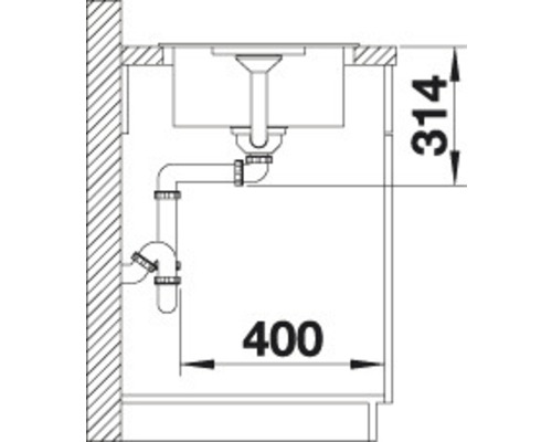 Technische tekening van een gootsteen met afvoerpijpen en afmetingen 314 en 400.