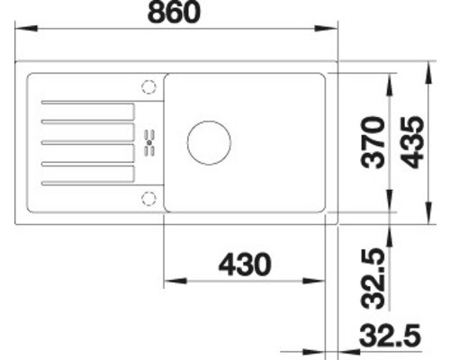Tekening van een spoelbak met afmetingen