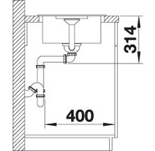 Technische tekening van een spoelbak met afvoer en afmetingen 314 en 400.