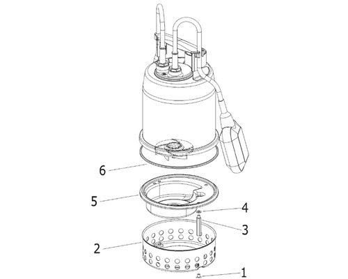 Explosietekening van een dompelpomp met genummerde onderdelen.