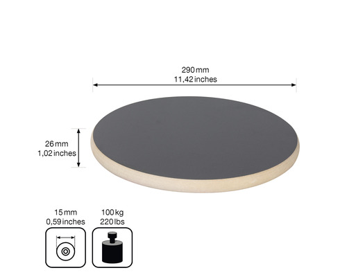 Draaischijf met afmetingen van 290 mm diameter, 26 mm hoogte en een draagvermogen van 100 kg.