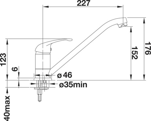 Technische tekening van een keukenkraan met afmetingen.