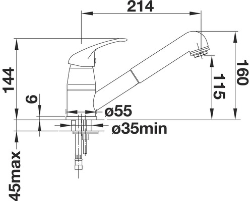 Technische tekening van een keukenkraan met afmetingen