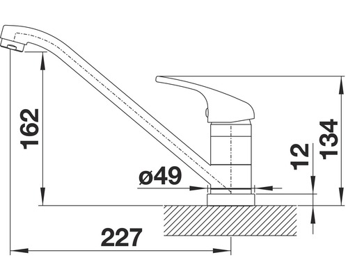 Technische tekening van een keukenkraan met afmetingen