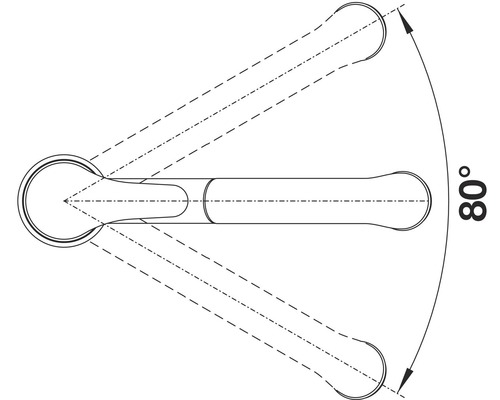 Illustratie van een gereedschapsleutel met een zwenkbereik van 80 graden.