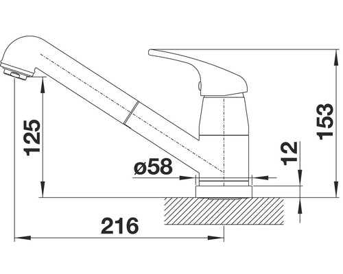 Technische tekening van een keukenkraan met afmetingen