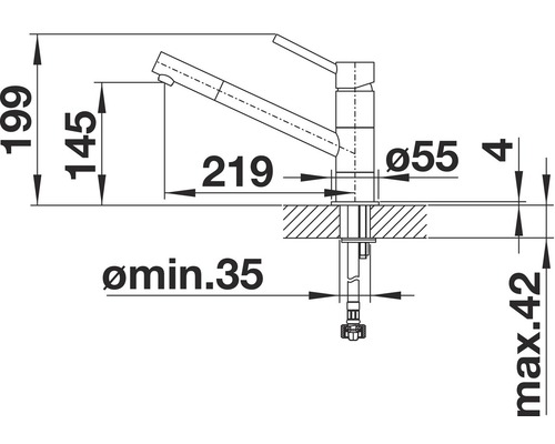 Technische tekening van een keukenkraan met afmetingen