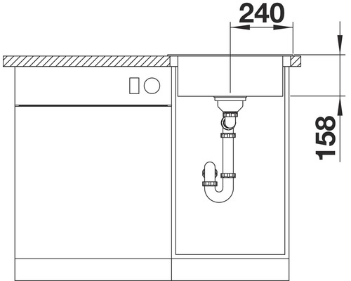 Producttekening van een spoelbak met de afmetingen 240 bij 158 millimeter.