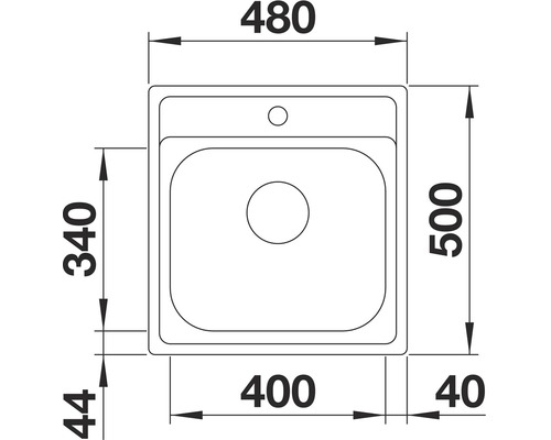 Technische tekening van een spoelbak met afmetingen