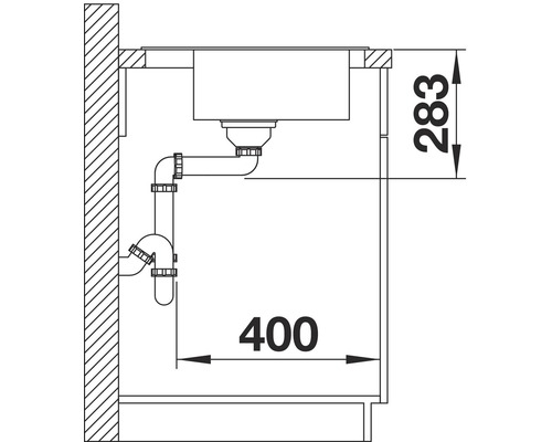 Technische tekening van een spoelbak met afvoergarnituur en maatvoering