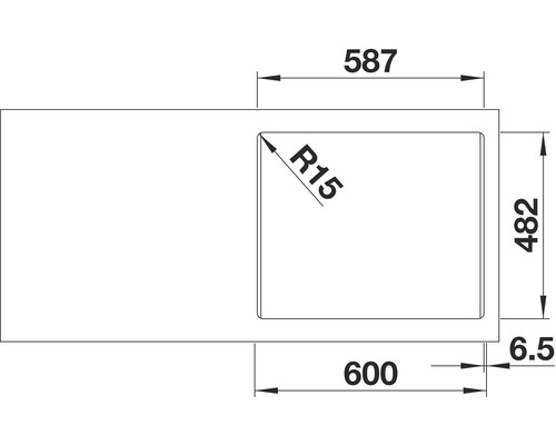 Technische tekening van een spoelbak met maatvoering