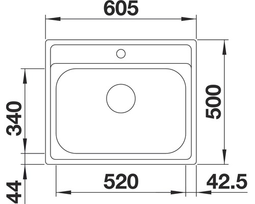 Technische tekening van een gootsteen met afmetingen