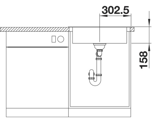 Tekening van een gootsteen met de afmetingen 302,5 en 158