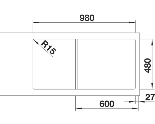 Technische tekening van een spoelbak met afmetingen