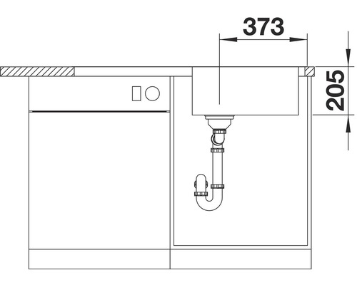 Technische tekening van een spoelbakonderkast met maataanduidingen.