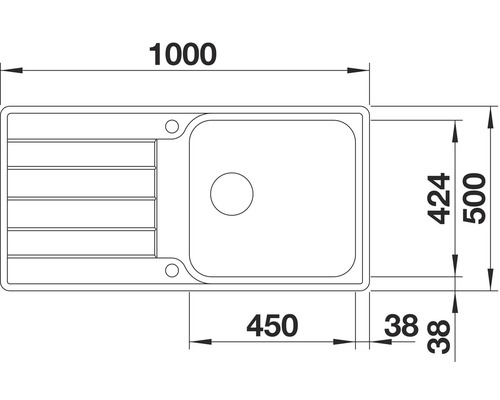Technische tekening van een gootsteen met afmetingen