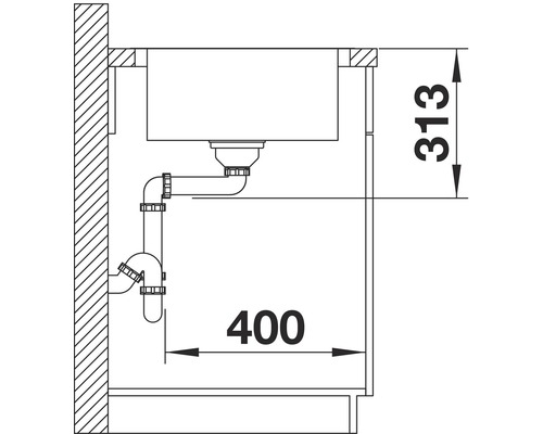 Schema van een gootsteen met sifon en afmetingen