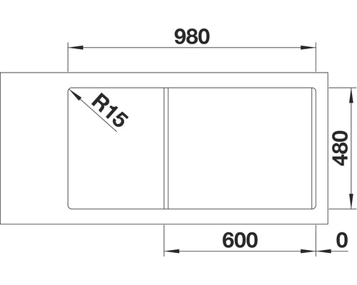 Technische tekening van een spoelbak met afmetingen van 980, 480 en 600 mm en een hoekradius van 15 mm