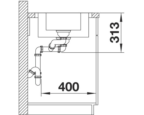 Schets van een gootsteen met sifon en afmetingen 313 en 400.