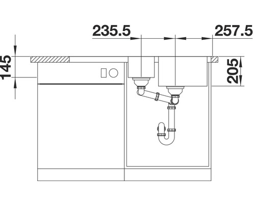 Technische tekening van een gootsteen met afmetingen voor keukenplanning