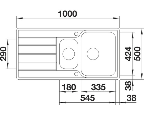 Technische tekening van een gootsteen met afmetingen