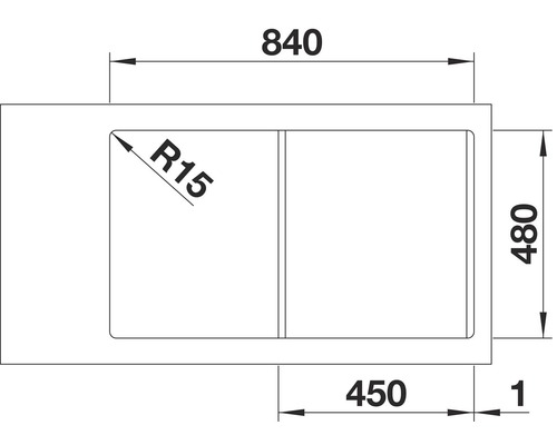 Technische tekening van een spoelbak met afmetingen 840 x 480 mm