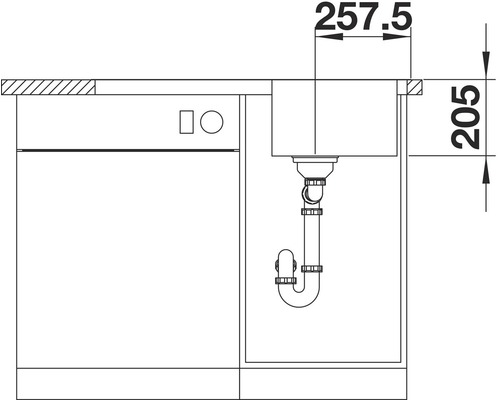 Schema van een gootsteen met onderkast en afmetingen