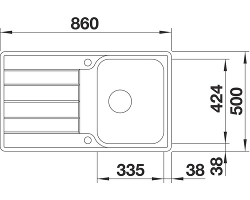 Technische tekening van een spoelbak met de afmetingen 860 x 500 millimeter.