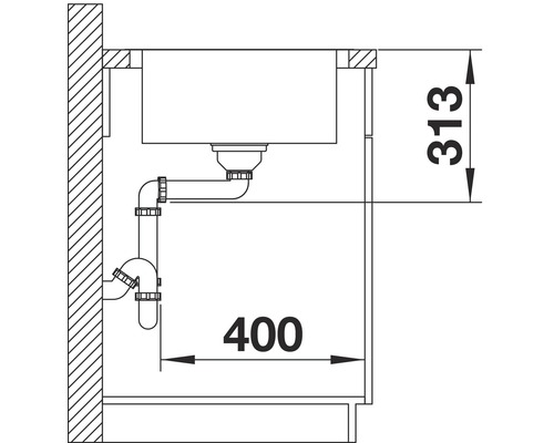 Technische tekening van een spoelbak met sifon en maatvoering