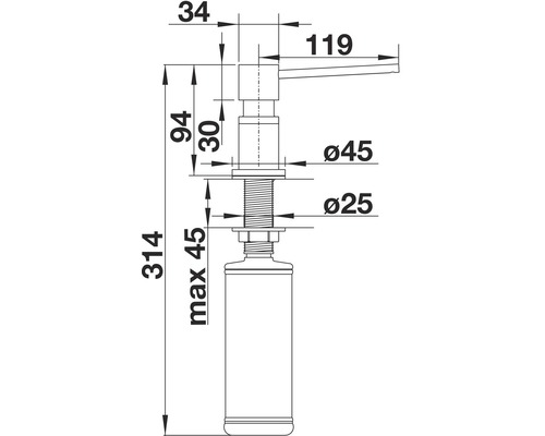 Technische tekening van een zeepdispenser met afmetingen