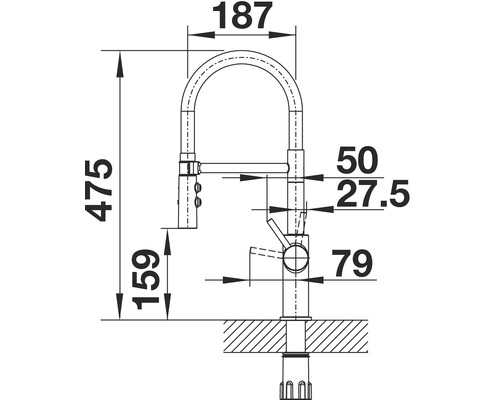 Maattekening van een keukenkraan met de afmetingen 475, 187, 159, 79, 50 en 27,5 millimeter.