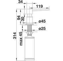 Technische tekening van een zeepdispenser met afmetingen