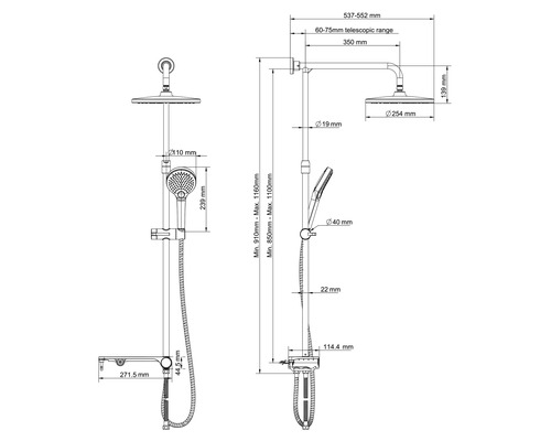 Technische tekening van een doucheset met afmetingen