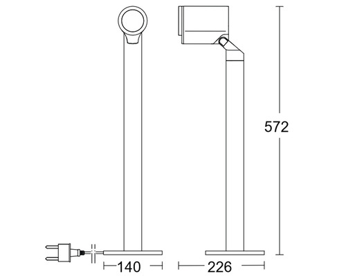 Technische tekening van een staande lamp met afmetingen