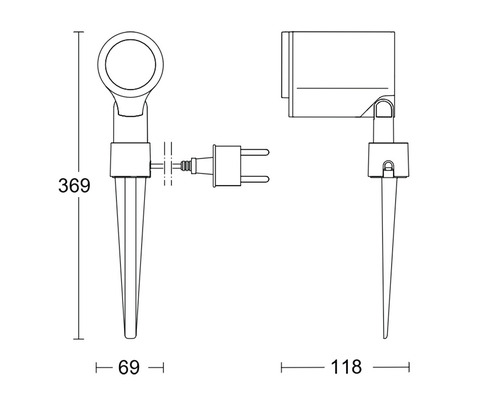 Technische tekening van een tuinlamp met grondspies en afmetingen
