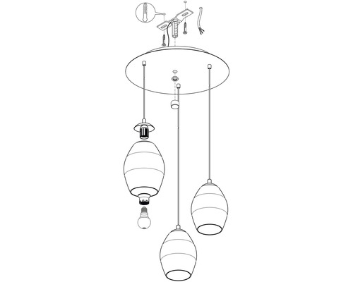 Explosietekening van een hanglamp met drie lampen voor plafondmontage