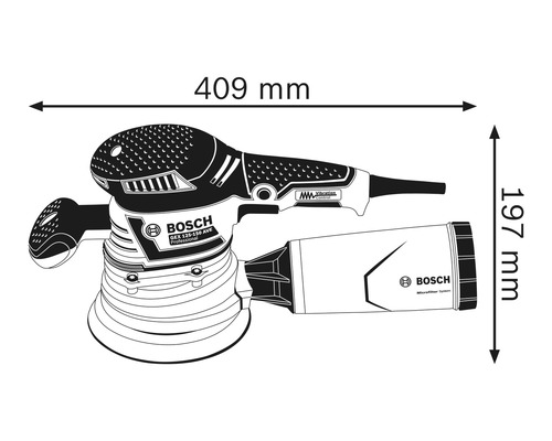 Bosch excentrische schuurmachine GEX 125-150 AVE Professional met afmetingen 409 mm lengte en 197 mm hoogte