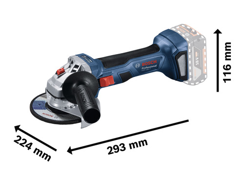 Bosch accuslijper met de afmetingen 293 mm lengte, 224 mm breedte en 116 mm hoogte