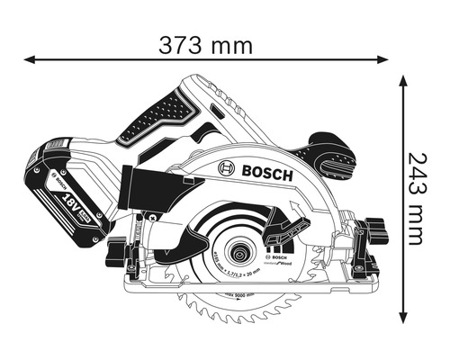 Afbeelding van een handcirkelzaag met afmetingen: 373 mm lengte en 243 mm hoogte.