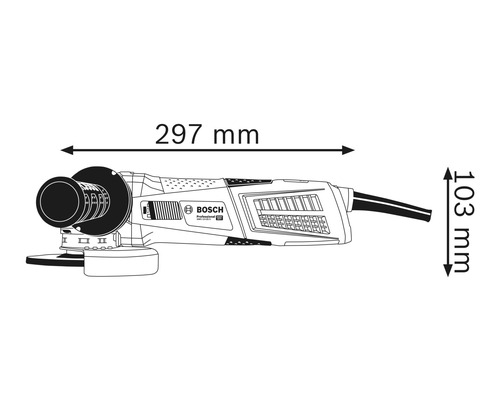 Afbeelding van een haakse slijper met de afmetingen 297 mm lengte en 103 mm hoogte.