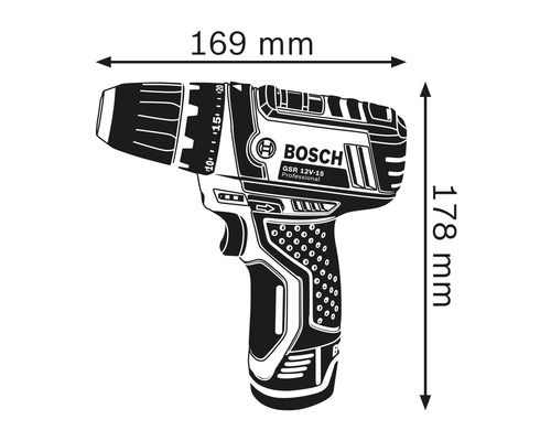 Afbeelding van de Bosch accuboormachine met de afmetingen 169 millimeter breedte en 178 millimeter hoogte.