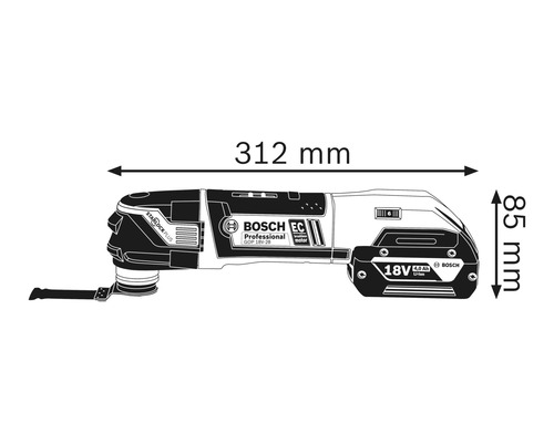 Afbeelding van de afmetingen van een Bosch multitool, 312 mm lang, 85 mm hoog