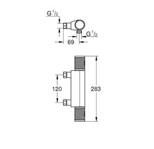 Maattekening van een radiatoraansluitblok met de afmetingen 283, 120 en 69.