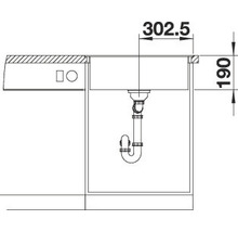 Technische tekening van een spoelbak met afmetingen.