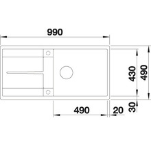 Technische tekening van een spoelbak met afmetingen 990 x 490 mm