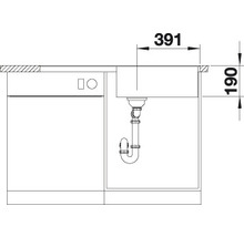 Tekening van een gootsteen met de afmetingen 391 en 190 millimeter