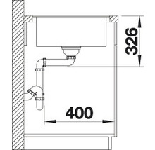 Tekening van een spoelbak met afvoergarnituur en maatvoering 400 en 326.