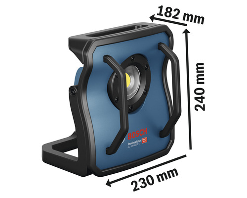 Bosch accubouwlamp met de afmetingen 182 mm x 240 mm x 230 mm
