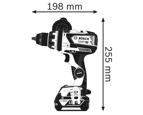 Afbeelding van een accuschroefboormachine met maatvoering: 198 mm breed, 255 mm hoog